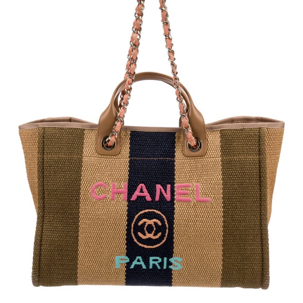 CHANEL Tan and Black Canvas Tote with Pink and Blue Accents